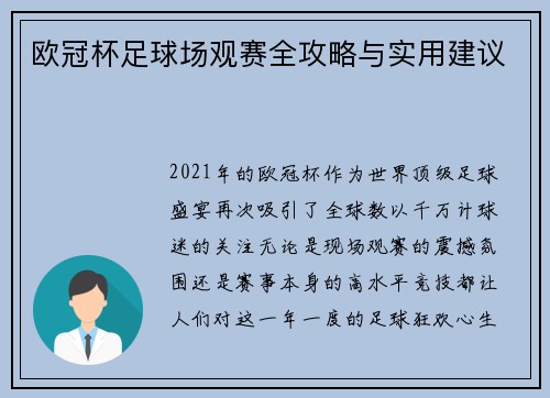 欧冠杯足球场观赛全攻略与实用建议
