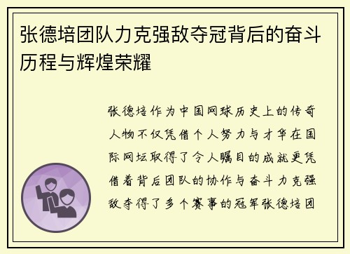 张德培团队力克强敌夺冠背后的奋斗历程与辉煌荣耀